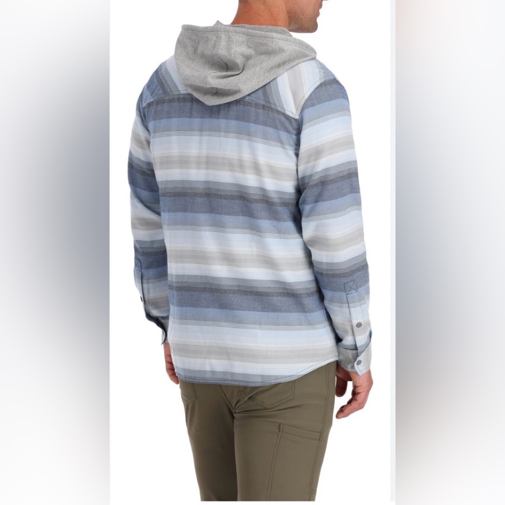 Simms $120 Fishing‎ Hoody Santee Flannel Navy & Storm Steel Blue Stripe XXL EUC